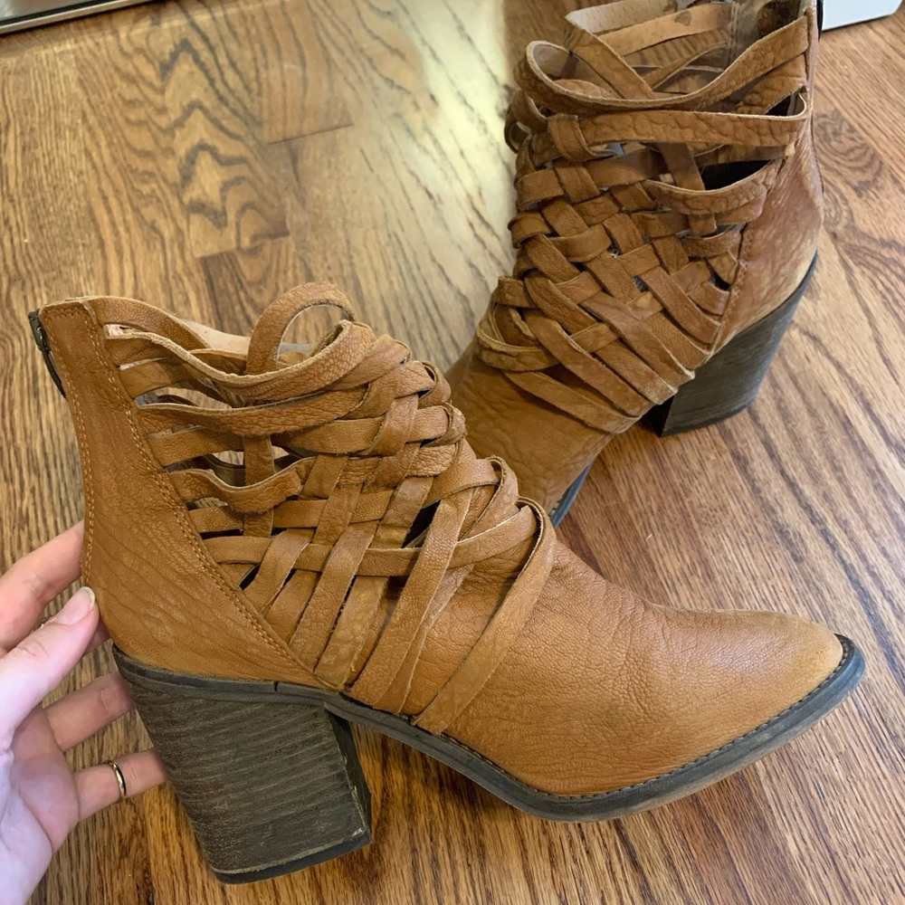 Free people ankle booties Carrera women brown leather strappy heeled bootie